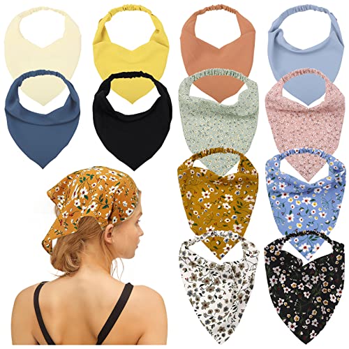12pcs Set Floral Elastic Hair Scarf Headband Flower Kerchief Headscarf Bandanas Chiffon Hair Wraps Triangle Hair Accessories for Women Girls