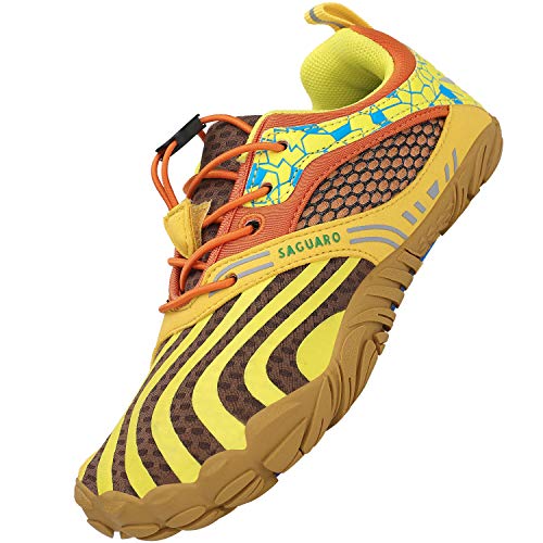 SAGUARO Kinder Barfußschuhe Mädchen Traillaufschuhe Jungen Trainingsschuhe Zehenschuhe Atmungsaktiv rutschfest Walkingschuhe Laufschuhe Schnell Trocknend Badeschuhe, Gelb 34