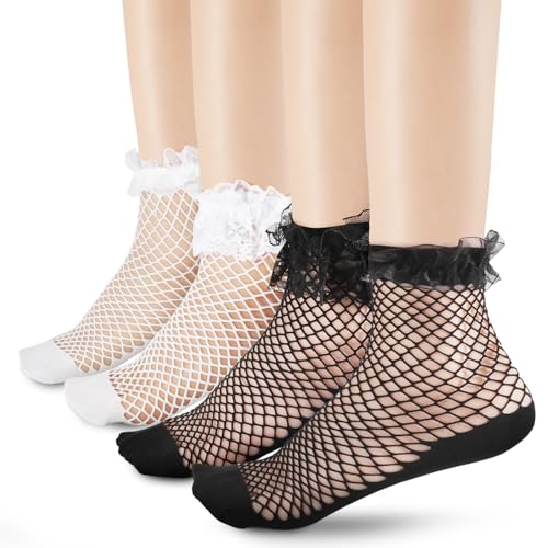 Image of 4 Pairs Fishnet Socks Fish Net Sock Women Summer Sheer Socks For Women Ankle Ruffle For Ladies Princess Gift Daily Wear Parties Black White Fish Net Ruffle Sock