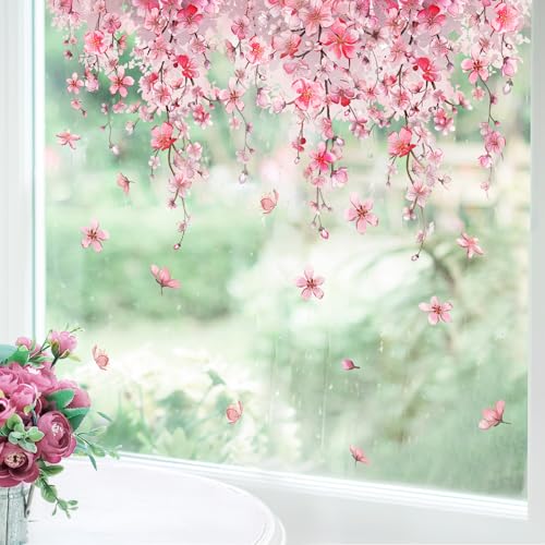 Tanlaby Stickers Fenetre Fleur Cerisier Autocollant Fenetre Fleurs Suspendues Rose Printemps Appliques Sticker Fenetre Réutilisables de Porte Vitre Fenêtre...