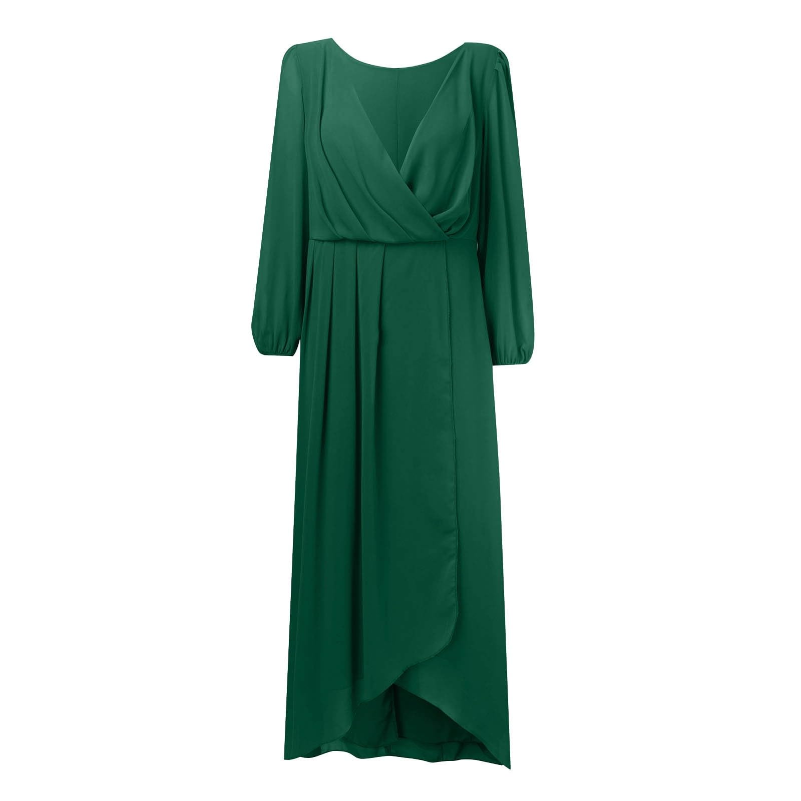 Sommerkleid Damen Damen-Chiffon-Frühlingskleid mit V-Ausschnitt Langen Ärmeln, plissiert, A-Linie, Midi-Länge, für Hochzeitsgäste (Green, L)