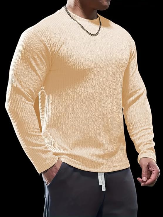 Image of Men's Polyester T-Shirt with Round Neck Long Sleeves Solid Pattern Regular Fit and Standard Length | Mans T Shirts for Casual