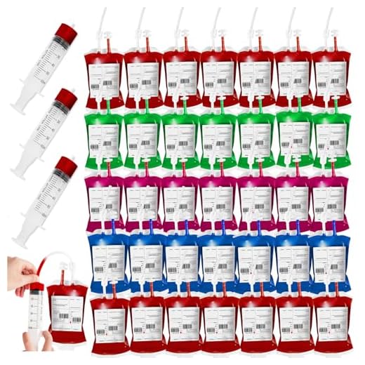50 Packs Halloween Blood IV Bag Reusable Energy Drink Container Juice Pouch Prop Cups for Zombie Theme Party Decoration with Syringe and Clips, 12.6 fl.oz (50pcs Bag, 50 Label, 5 Syringes)
