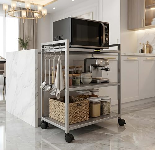 Image of Basic Build Heavy Duty 3 Tier Microwave Oven Stand for Kitchen | Multi-Purpose Metal Rack with Wheels | Storage Organizer for Oven, OTG, Air Fryer, Printer, and Appliances (Silver)