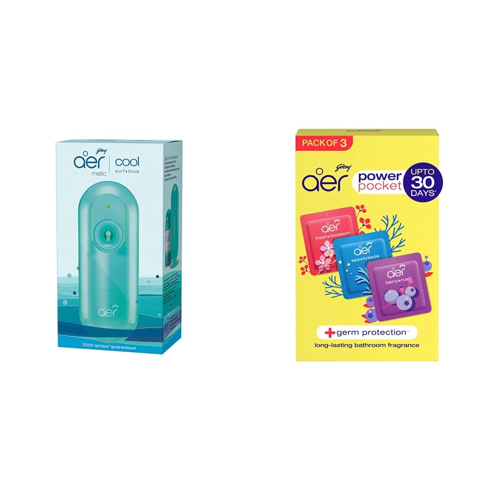 Godrej aer matic, Automatic Air Freshener Kit with flexi control - Cool Surf Blue (225 ml) and Godrej aer pocket, Bathroom Air Fragrance - Assorted Pack of 3 (3x10g)-image-27