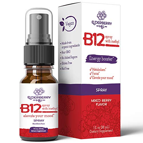 Organic Vitamin B12 with Methylcobalamin Energy Booster Sublingual Liquid Spray 3000mcg by Elderberry Hill Organics Vegan - Non-GMO - Sugar-Free & Fast Absorbing 1oz 60 Servings