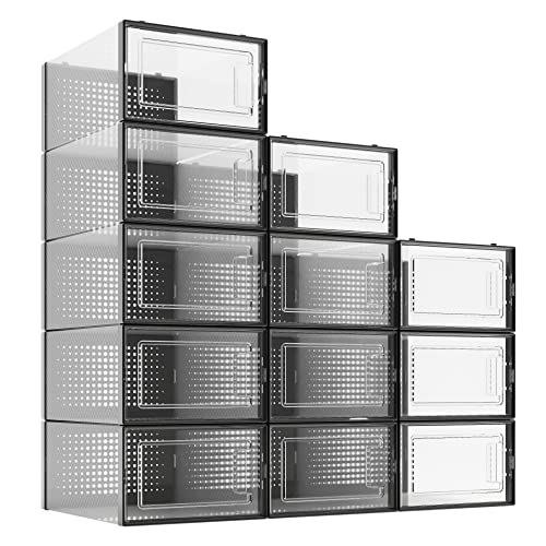 RISETEX 12 Pack Shoe Boxes Clear Plastic Stackable,Shoe Storage Containers with Lids for Shoe Organizer Bins,Easy to Assemble & Waterproof Shoe Case for Mens Women Kids Shoes,Organizador De Zapatos,Shoe Cubby,Fits shoes up to size 9