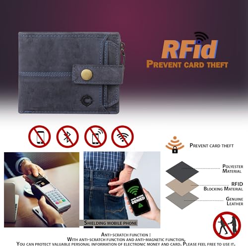 Image of Zipper Real Leather Wallet for Men RFID Blocking Designer Genuine Leather Handcrafted Front Pocket Full Grain Leather Wallet Gift for Men (Blue Hunter)