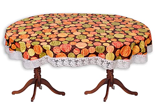 Image of The Furnishing Tree Waterproof PVC Oval Shaped 10 Seater Table Cover WxL 60x120 inches Abstract Pattern Multi Color with White Border lace