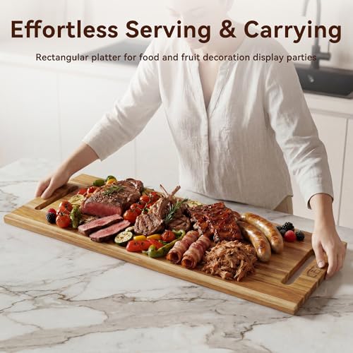 LDQ 36 Inch Extra Large Charcuterie Board, Acacia Wood Long Serving Board with Handles and 2 Stands, Rectangular Cheese Platter, Cutting Board and Serving Tray for Meat, Party Appetizers — view 2