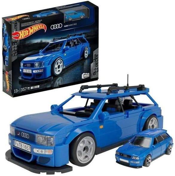 MEGA Hot Wheels Audi Avant RS2 building set box and assembled model with a small die-cast car.