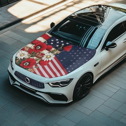 Image of American Flag and Red Poppy Hood Cover for Car SUV Sedan Truck, Waterproof Elastic Polyester Car Hood Protector, Patriotic Decorative Automotive Accessories for Summer