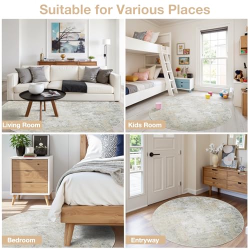 Round Rug 8ft Circle Rug Washable: Carpet Circular Area Rug for Entryway Kitchen Bedroom Dining Room Living Room Large 8 Feet Abstract College Dorm Non Slip Low Pile Beige Grey