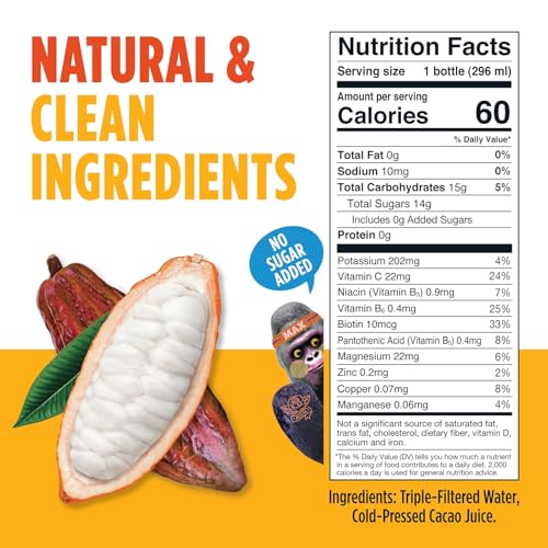 Image of Blue Stripes Cacao Water - Cold Pressed Superfruit Hydration with Electrolytes & Antioxidants, No Sugar Added, All Natural, Great for Protein Shakes & Smoothies - Just Cacao, 24 Pack