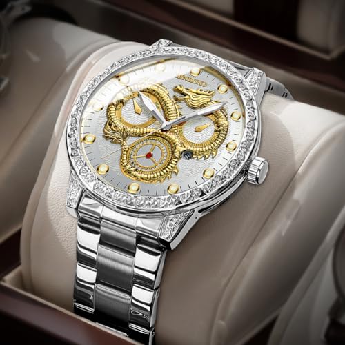 Gold Dragon Watches for Men Stainless Steel Luxury Dress Business Big Face Dial Date Men's Wrist Watch Gift Waterproof Luminous2