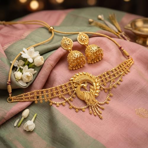 Image of Gold Plated Bridal Choker Necklace Set with Jumka Earring for Women with Earrings