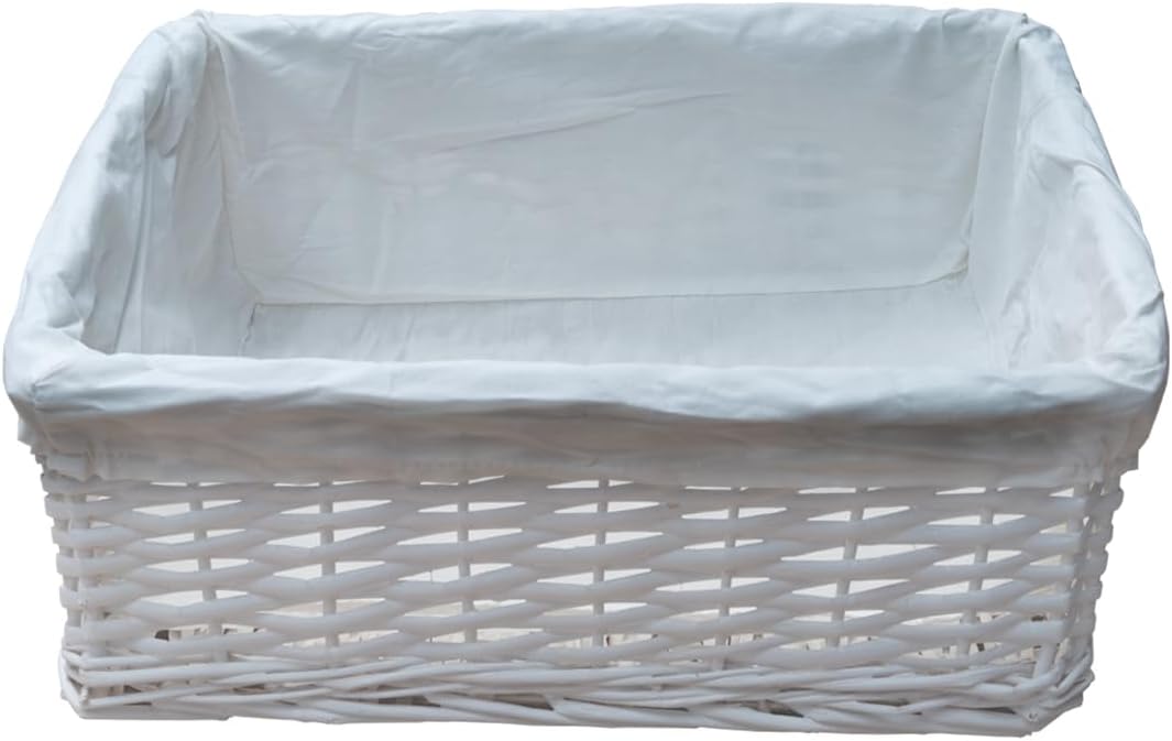 – Arpan Medium White Wicker Storage & Hamper Basket with White Cloth Lining – Medium Baskets for Xmas, Wedding, Confetti & Parties, Snack Basket, Wicker Baskets