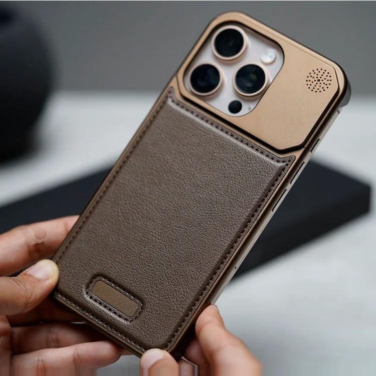 Image of TechTrendz Premium Metallic Aero Flex Aluminium Leather Case with Aroma Perfume Cover Compatible for iPhone 16 Pro Max Cover with Fragrance Aroma for iPhone 16 Pro Max Leather Cover (Desert Titanium)
