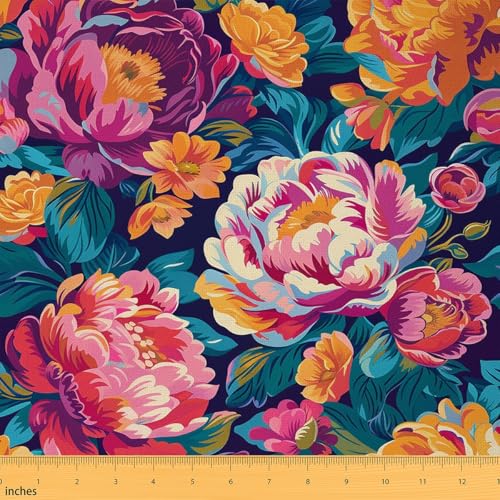 Peony Flower Fabric by The Yard,Vintage Floral Decor Fabric for