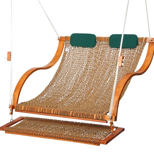 Image of SANIWERKE Porch Swing for 2, Double Hammock Swing with Footrest & S-Armrest, Adjustable Hanging, Durable Rope Net&Thick Wood, 650LBS, 50 inch Wide, Luxe Reclining Duo Swing for Casual Living(Rich Mocha)