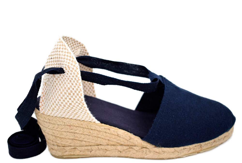 Alpargata Valenciana Cintas CUÑA Yute Playera DE Mujer Lona Lisa Azul