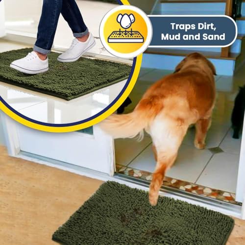 Muddy Mat® AS-SEEN-ON-TV Highly Absorbent Microfiber Door Mat and Pet Rug, Non Slip Thick Washable Area and Bath Mat Soft Chenille for Kitchen Bedroom Indoor and Outdoor - Army Green 36" x 120"