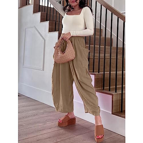 Women Wide Leg Linen Pants Summer Casual Drawstring High Waisted Palazzo Harem Pants with Pockets2