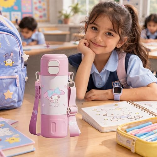 Image of Kids Premium Water Bottle with Straw & Spout | Stainless Steel Water Bottle & Leak-Proof Flip Lid | Portable & Durable Design for School & Travel (480ml) (Pink)