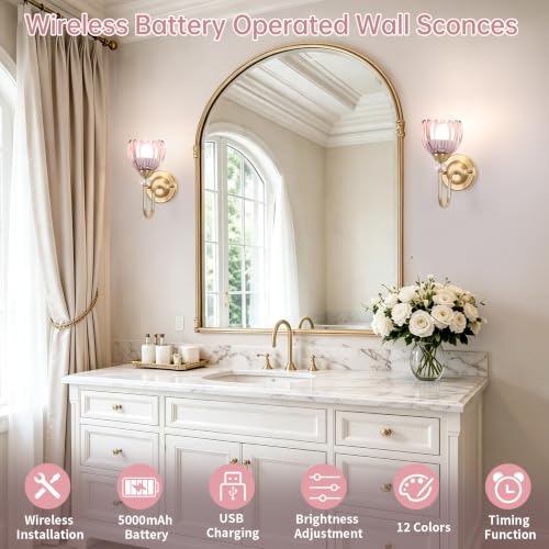 Image of Set of 2 Vintage Battery Operated Wall Sconce, Rechargeable Wall Lamp with 5000mAh Battery & Remote Control, Dimmable Wall Lights with tulip shade for Bedroom Bathroom Living Room, (Tulip Pink Up)
