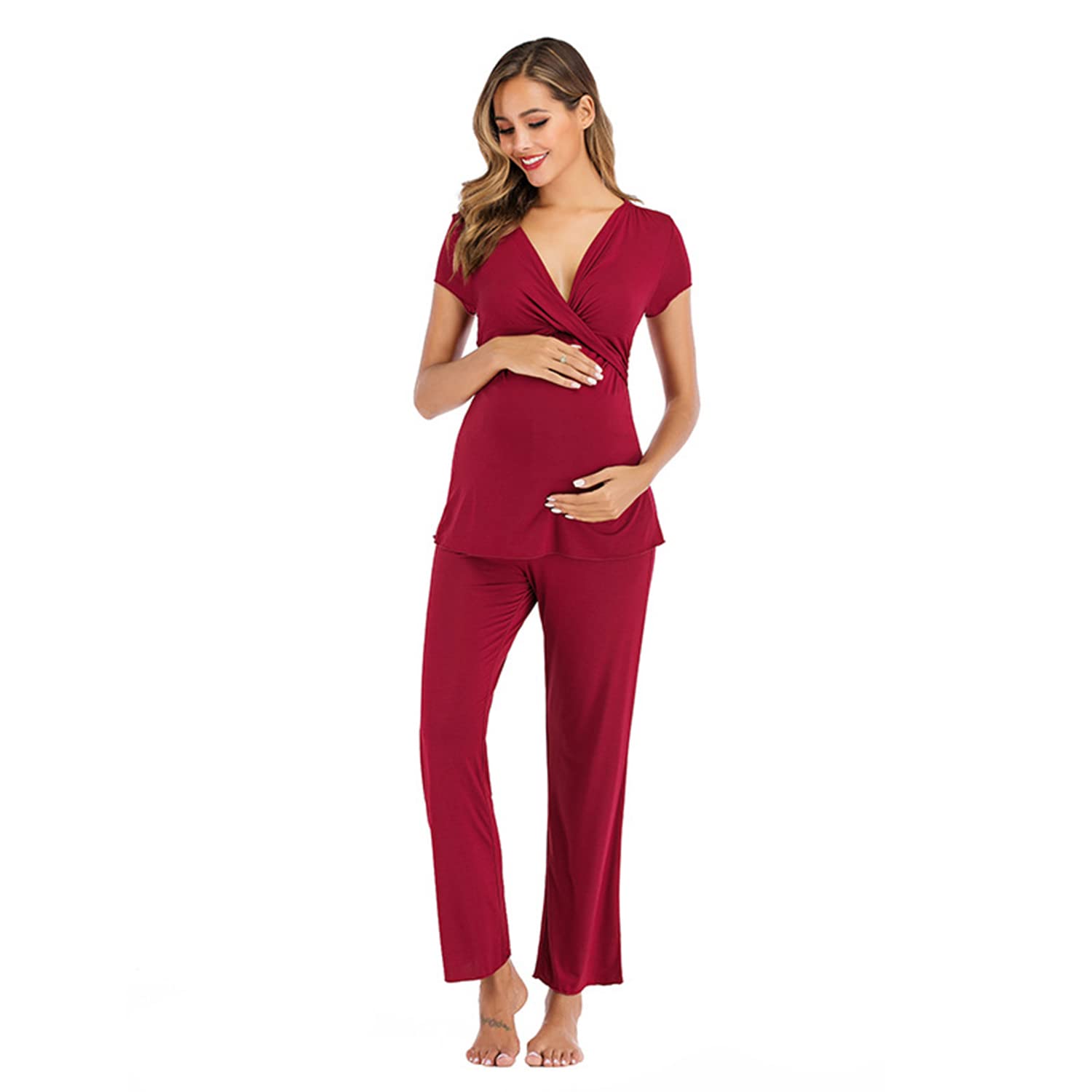 Women's Maternity Nursing Pajamas Set Schwangerschaft Stillen Sleepwear Short Sleeve Top + Pants Nursing Night Suit