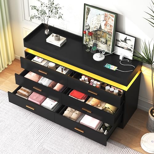Image of jiteentarou 6 Drawer Dresser with Charging Station and LED Lights, Modern Chest of Drawers with Power Outlet, Organizer Cabinet for, Living Room, Black