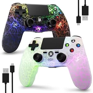 ISHAKO 2Pack Controller for PS4, Wireless Game Controller for PlayStation 4/PC Windows/PS3, Control 2Pack with Adjustable RGB Light/1000mAh Battery, Double Vibration- White & Black