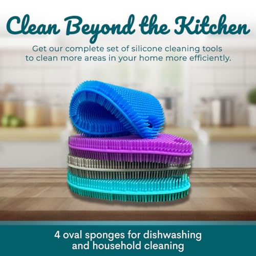 Image of Food Grade Silicone Dish Scrubber - BPA-Free Kitchen Scrubbers for Dishes and Housecleaning (4-Pack Ovals)