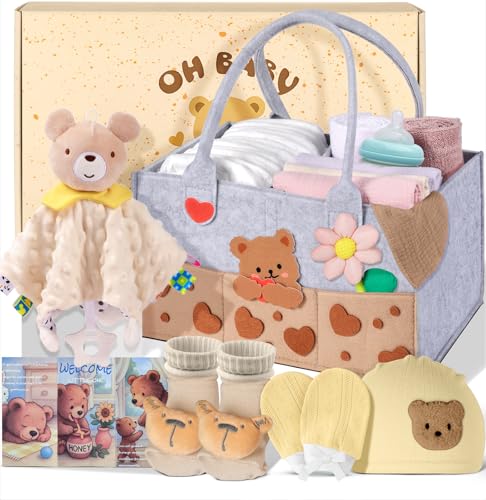 Image of Baby Shower Gift Basket - Baby Gift Set with Diaper Caddy, Gifts for New Mom, Gender Reveal Gifts, New Born Essential Include Security Blanket Hat Bib Socks Mittens, Boy & Girl