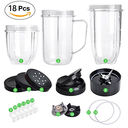 Replacement Parts Cups For Magic Bullet, 18Pcs/Set Replacement Accessories Include Blender Cups & Cross Blade & Lids & Gear & Gaskets & Shock Pads Compatible With 250W Magic Bullet Mb1001 Blender #TOP1