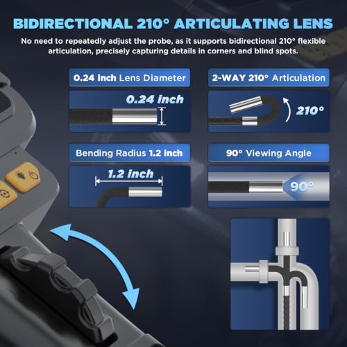 Image of AUTOOL Two-Way 210Articulating Borescope with Light Endoscope Camera | 6.25mm Lens IP67 Waterproof 1M Cable Photo Video Record