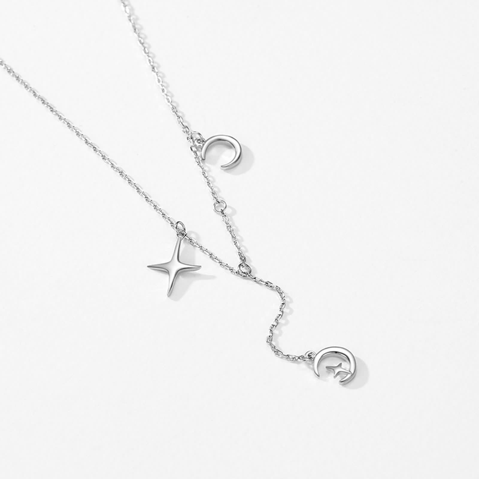 Collane Oro Bianco, Collana Lunga Donna Ciondolo Catenina Gioielli Oro Bianco 9K/14K/18K Stella Luna 40+5cm