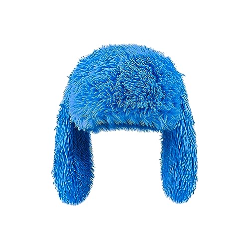 Furry Beanie Bunny Ears Hat Fluffy Warm Hat Plush Slouchy Beanies for Indoor and Outdoor (Blue)