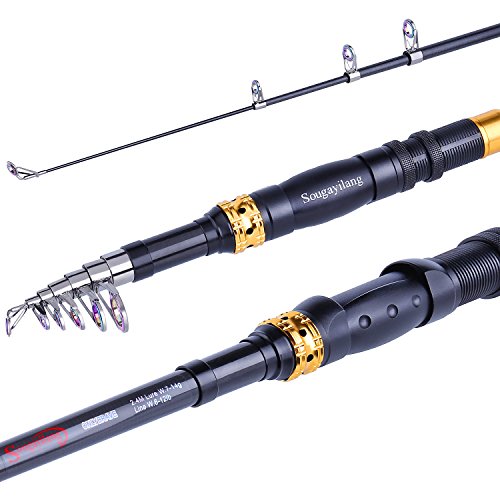Image of Sougayilang Telescopic Fishing Rod - 24 Ton Carbon Fiber Ultralight Fishing Pole with CNC Reel Seat, Portable Retractable Handle, Stainless Steel Guides for Bass Salmon Trout Fishing