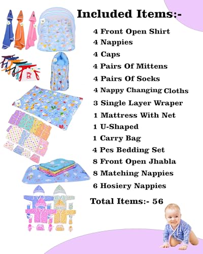 Image of Toddylon 56 in 1 New Born Baby Products All | Gift Packs | Maternity Kit | Baby Clothes | Baby Bedding Set | Essentials Items | Baby Shower | Combo Pack | Infants (Multicolor, 0-6 Months)