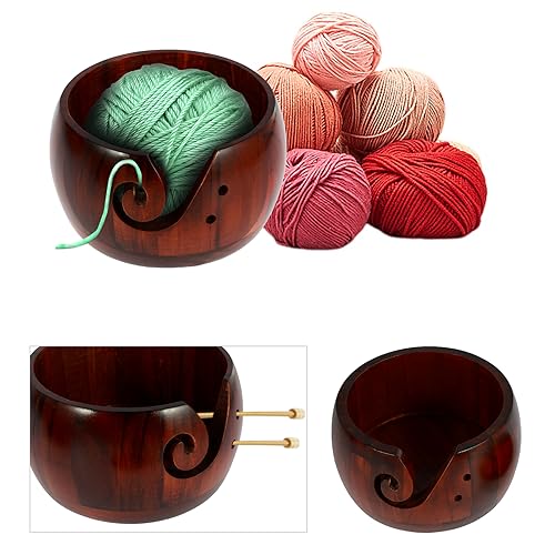 Image of Wooden Yarn Bowl with Lid, 6in Round Knitting Yarn Holder Bowl with Carved Holes,Crochet Bowl for Yarn,Pine Wood Weaving Thread Bowl, Yarn Storage Bowl for Crocheting Accessories (Dark color