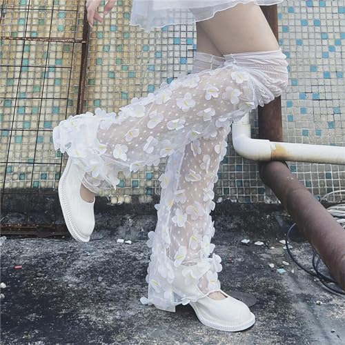 Image of SOLILOQUY Women Y2K Ruffle Lace Leg Warmer Kawaii Lolita Long Thigh High Socks Harajuku JK Tiered Sheer Tulle Boot Cuff Cover