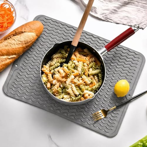 Image of HOMETHREADS Silicone Dish Drying Mat, Silicone Draining Board Mat, Silicone Dish Draining Mats, Kitchen Sink Dish Drainer Mat Racks for Kitchen Counter Protector, 40x30cm (Light Grey)