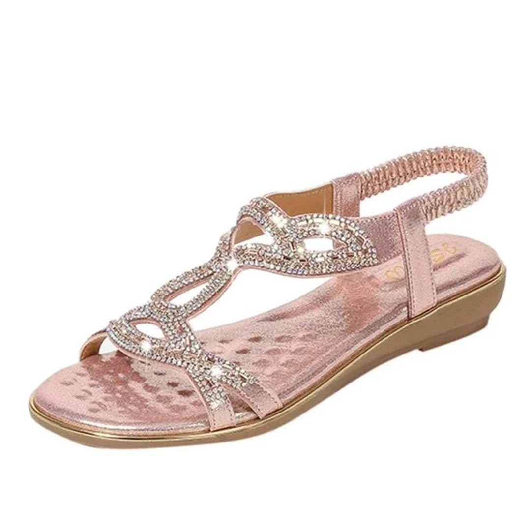 Sandalias básicas de poliuretano con diamantes de imitación para mujer, con banda elástica frontal y correa trasera, tacón de cuña, parte superior de poliuretano, sandalias de verano bohemias