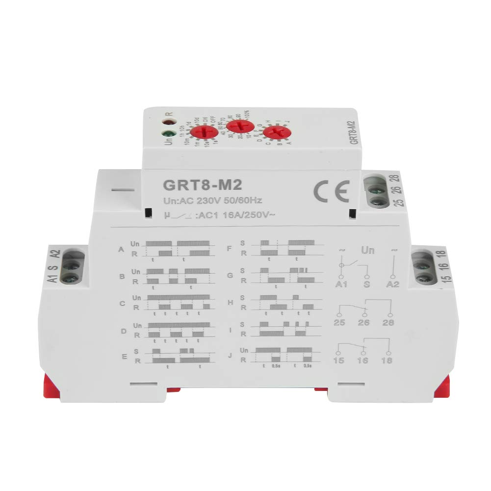 Relé de Retardo,Multifuncional Interruptor de Relé de Retardo GRT8-M2 Relé de Tiempo de retardo con 10 Funciones Relé de retardo AC 220 V Instalación en Carril DIN LED para Control Industrial
