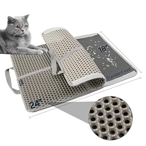 Improved Cat Litter Mat for Under Cat Litter Box Litter Trapping Mat- Protects Floor with Scatter Control Double Layers, Honeycomb Hole, 3 Opening Sides, Handles, Waterproof, Anti-Slip (24×18″)