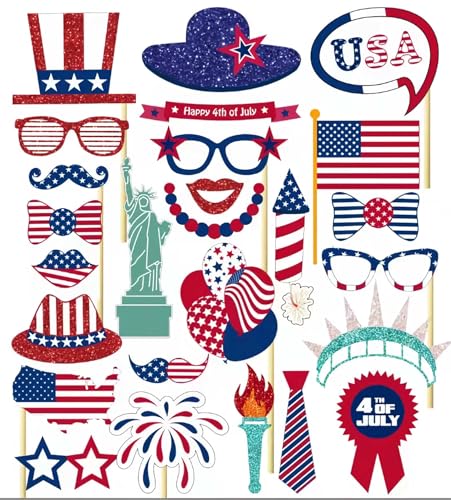 4th of July American USA Independence Day Photo Booth Props 26 Pcs Funny Fourth of July Picture Props for 4th of July Party Decorations