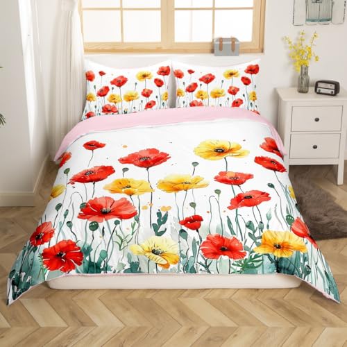 Homemissing Fleurs Parure de Lit Rouge Jaune Coquelicot imprimé Housse de Couette 220x240cm Fille Fleur Plante Ensemble de literie Doux Microfibre Adolescent...