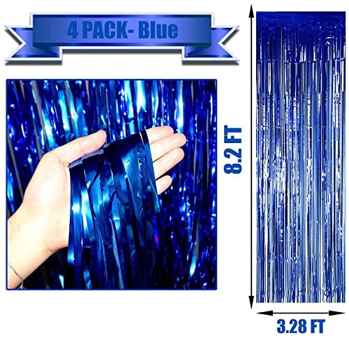 Image of 4 Pack Blue Foil Fringe Curtain Backdrop, 3.28Ftx8.2Ft Metallic Tinsel Streamers for Sea Party, Photo Booth Props, Birthday, 2022 Summer Ocean Theme Party Decoration Supplies