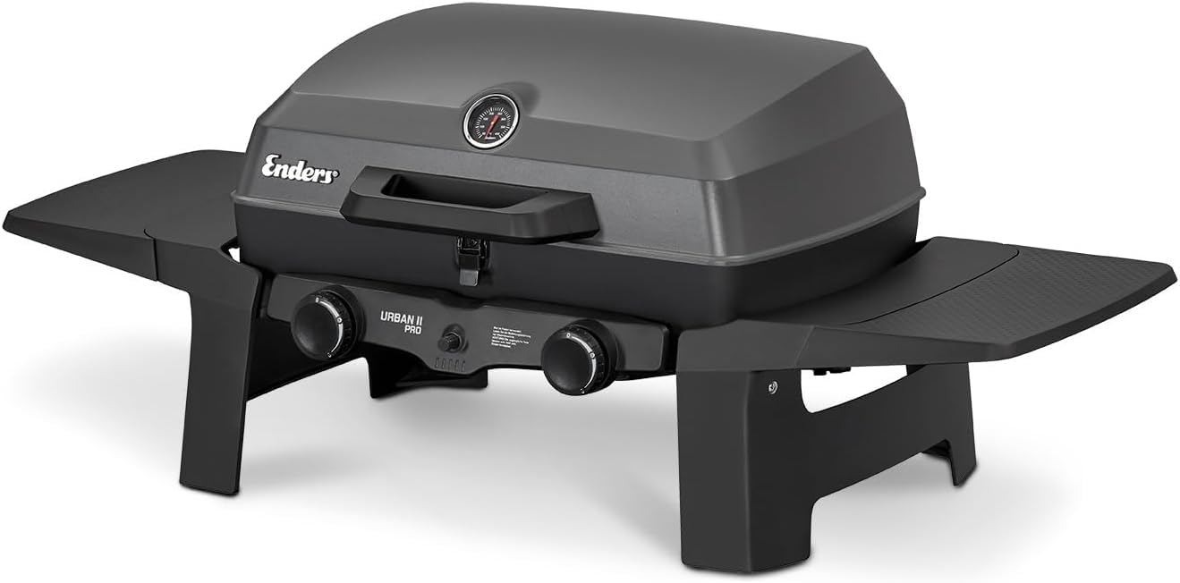 Enders Urban Pro II Barbacoa de Gas portátil, barbacoa de sobremesa, Parrilla Gas 2 Quemadores con Tapa, Termómetro y Estantes Laterales Abatibles, BBQ para camping jardín exterior, 30 mbar #206233